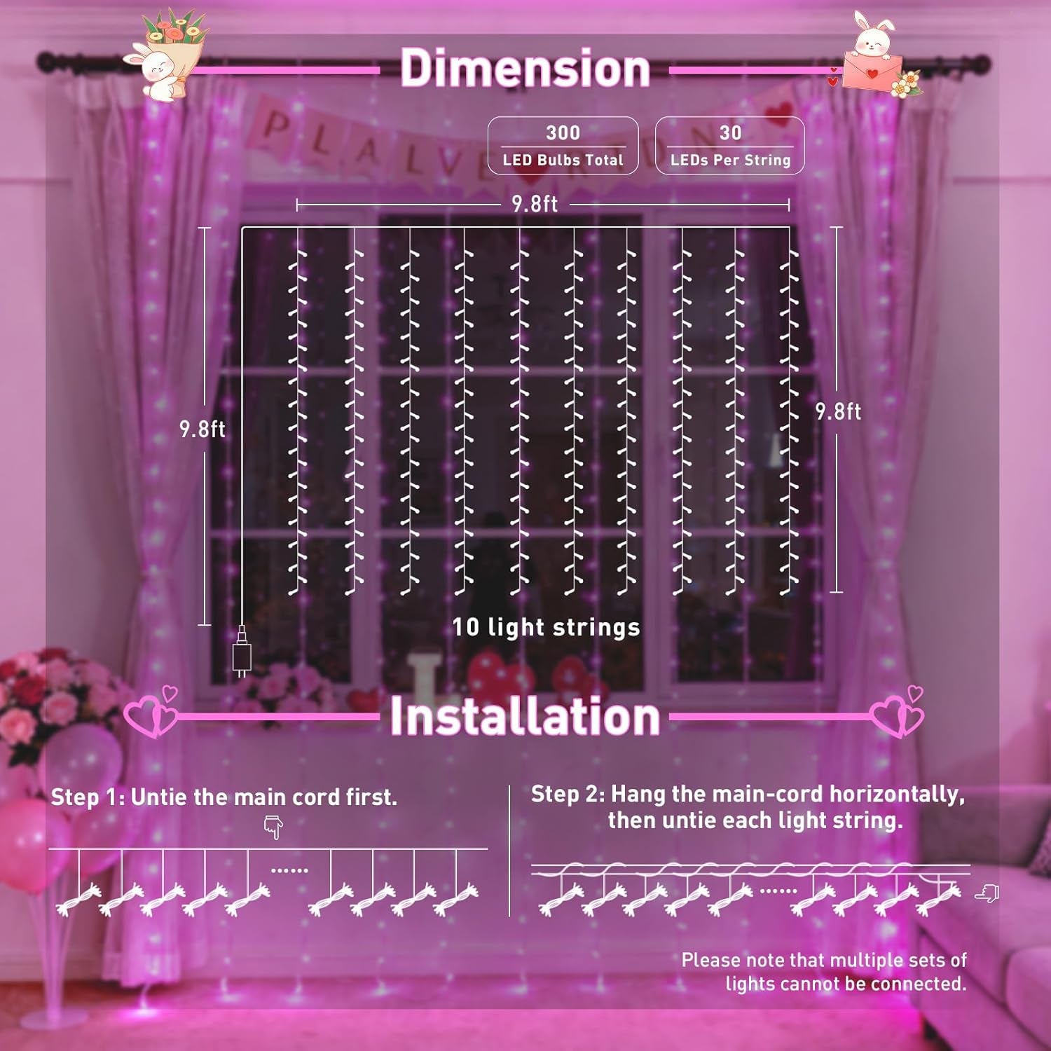 300 LED Curtain Lights Plug in with Remote, Pink String Lights for Bedroom, Christmas, Window, Wall, Party, Teen, Girls' Room, Dorm, Valentine'S Day Indoor Outdoor Decor, 9.8X9.8Ft
