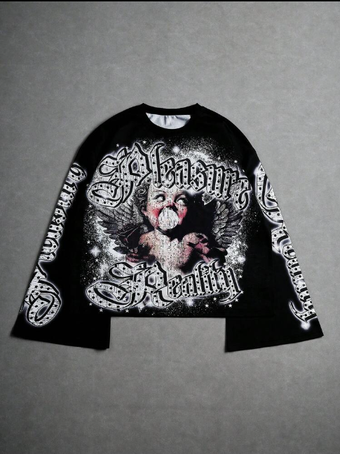 Angel Bubble Gum Graphic Tee - Cropped Digital Print T-Shirt