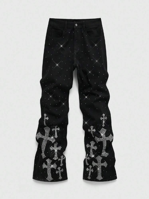Street Life Rhinestone Cross Denim Jeans - Men's Premium Streetwear