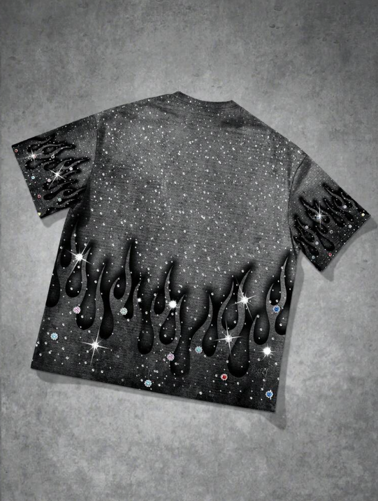 LA Flame Rhinestone Tee - Glitter Graphic T-Shirt